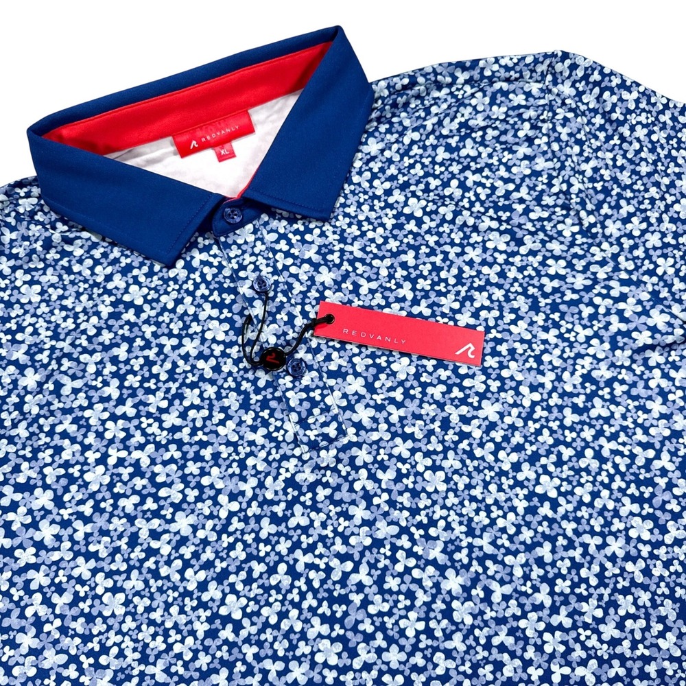 NWT REDVANLY Men's Size XL Mazarine Blue Floral Print Brewer Golf Polo Shirt